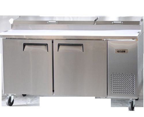 Bison bpt-67 67&#034; 2 door pizza prep table refrigerated w/ casters &amp; pans for sale