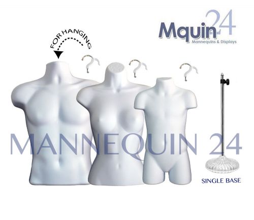 Set of 3: male, female &amp; child torso mannequin forms *white +1 stand + 3 hangers for sale