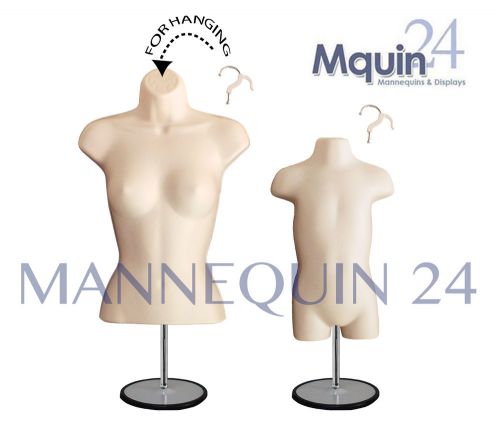 2 flesh forms - female torso &amp; toddler body mannequins + 2 stands + 2 hangers for sale