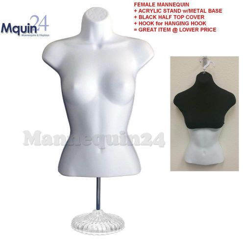 White FEMALE TORSO MANNEQUIN w/Acrylic Stand + BLACK COVER + Hanging Hook