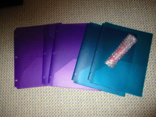 5 purple and turquoise plastic folders and 2 hello kitty pens for sale