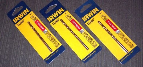 3 ea. irwin 63911 11/64&#034; titanium coated hss drill bits for sale