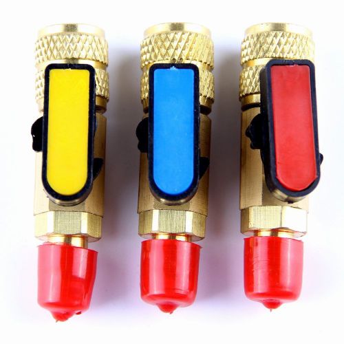 3Pcs Color coded R410A Straight Ball Valves For AC Freon Charging Hoses Brass