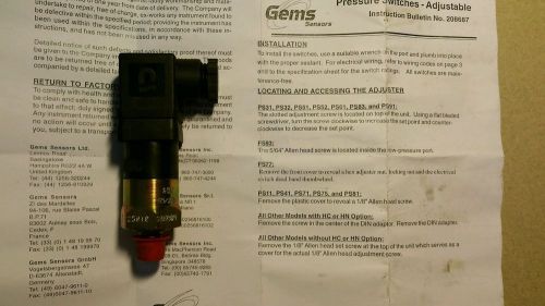 Gems sensor pressure switch ps71-30-4mnz-c hc adj 65-300 psi for sale