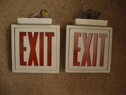 2 EXIT SIGNS Lighted 120V Single Sided Aluminum w/ Red Plastic Insert