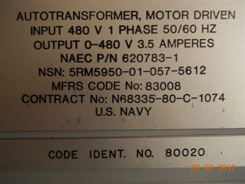 Staco (NAEC P/N 620783-1) Motor Driven Auto-Transformer, New Navy Surplus