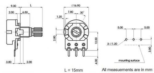 10K Linear Lin 16mm Splined Potentiometer Pot