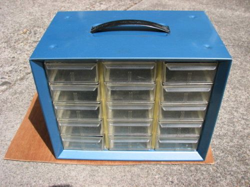Vintage Akro-Mils Blue Metal Storage Bin Cabinet ~ 15 Drawer Organizer