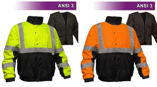 Reflective apparel safety bomber jacket hi viz zip out liner vea-412-st ansi 3 for sale