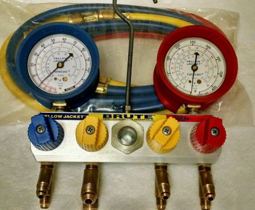 Brute Yellow Jacket Test / Charging Gauges 4 Valve Manifold New Hoses Included!!