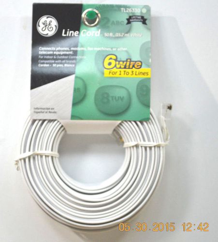 GE  TL26330 phone line cord wht 50 ft  6 wire 1 to 3 lines RJ 11 plugs both ends