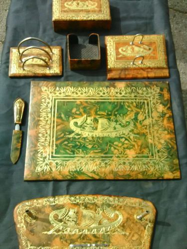 7 piece Egyptian leather handcrafted desk top pen set gold painted