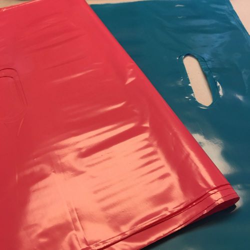 100 9 x 12&#039;&#039; Glossy Hot Pink &amp; Teal Plastic Merchandise Bags with Handles, favor