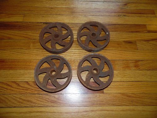Set of 4 cast iron hit &amp; miss gas engine cart steampunk repurpose wheels 4 1/4&#034; for sale