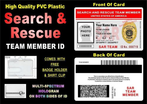 Search &amp; Rescue ID Badge / Card (SAR) **CUSTOM WITH YOUR PHOTO / INFO** PVC USA