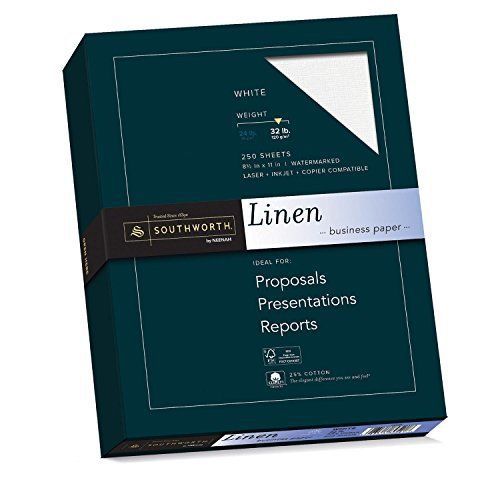 Southworth 25% cotton linen business paper, 8.5 x 11 inches, 32 lb, white, 250 for sale