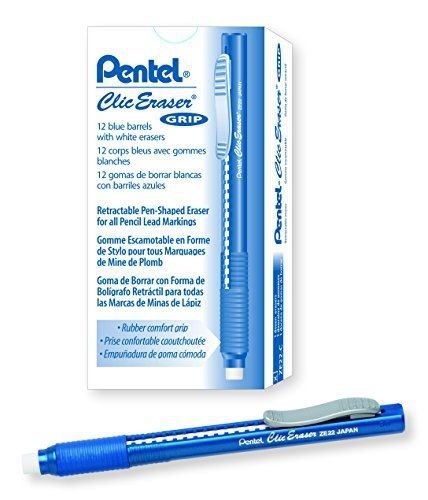 Pentel clic eraser grip, retractable eraser, blue barrel, box of 12 (ze22c) for sale
