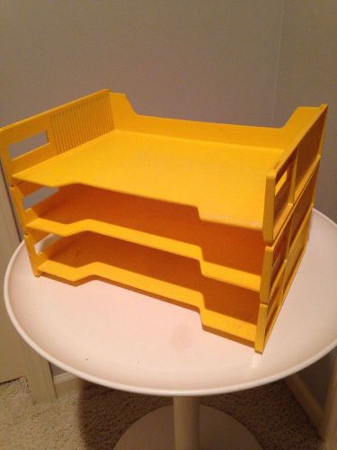 Vintage 1970-80s Plastic 3 Tiered Letter Tray In/Out Box Yellow Stacking