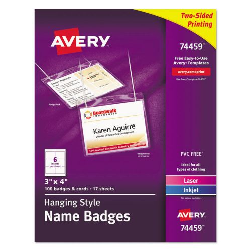 Avery Top-Loading Hanging Flexible Name Badges, 3 x 4 , White, 100/bx (AVE74459)