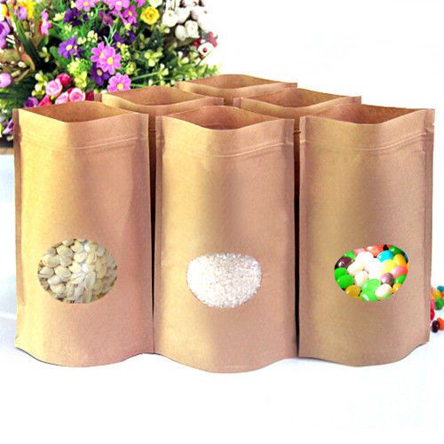 50Pcs Resealable Stand Up Kraft Paper Food Bags Pouch With Clear Window Zip Lock
