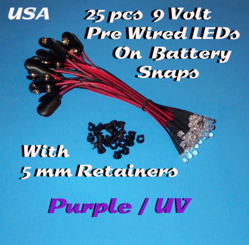 25 PRE WIRED 5MM LEDs 9 VOLT  PURPLE UV LED  ON SNAP 9V