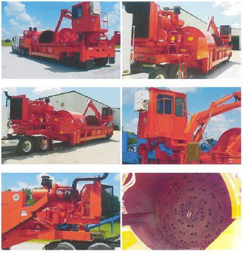 Orange morbark waste recycler/grinder with cab &amp; grapple on dual axel trailer for sale