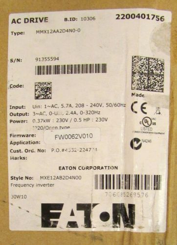 EATON CUTLER HAMMER MMX12AA2D4N0 0 208-240V .5 HP MMX M MAX Frequency Drive