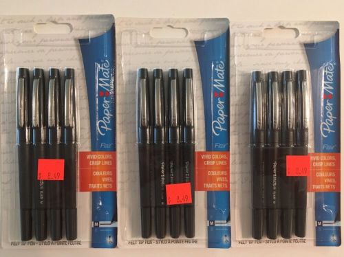 12 Paper Mate Flair Felt Tip Pens, Black Ink, Medium Point, 3 Packs NEW