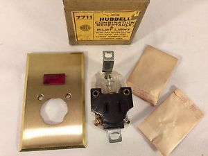 Vintage HUBBELL Pilot Light Combination Outlet Brass Plate, NOS, Made In USA