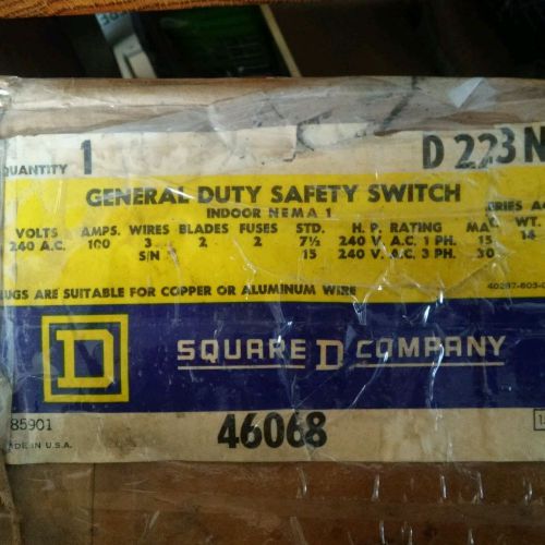 SQUARE D, SAFETY SWITCH GENERAL DUTY, 100A, FUSIBLE, 240 VAC, NEMA 1, 2-POL