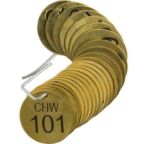 Brady 235191 1/2&#034; diameter stamped brass valve tags, numbers 076-100, &#034;chw&#034; for sale