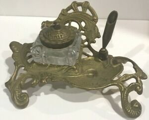 Vintage 1983 Teleflora Pen Ink Well Holder Brass Desk Set Ornate Scroll Decor