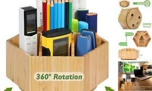 Bamboo Office Supplies Organizer, 360 Degree Rotating Organizer with 7