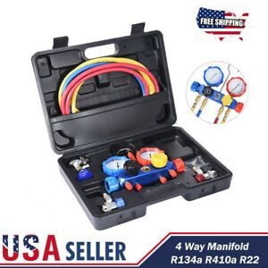 4 Way Manifold Vacuum Gauge Set R134a R410a R22 A/C AC HVAC Refrigeration KIT