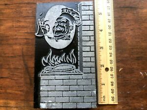 Antique PRINTING BLOCK - Chef cooking steak on fire brick oven grill giving OK