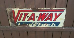 Antique Vintage VIT-A-WAY For Livestock Metal Advertising Sign ~ Kenton, Ohio