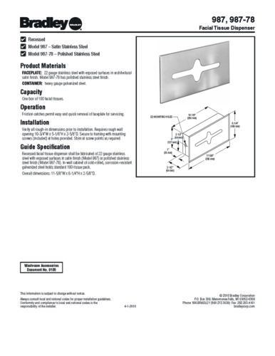 Bradley facial tissue dispenser 987 recessed for sale