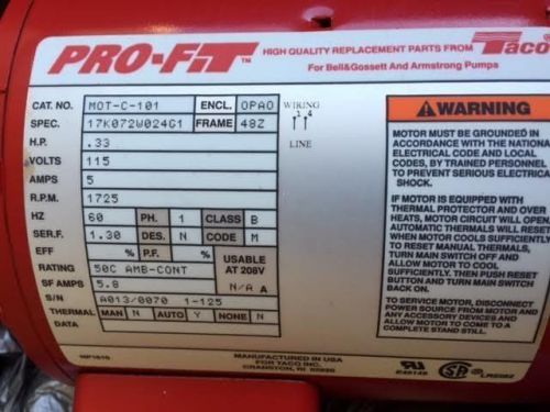 Taco Pro-Fit Pump Motor Complete Less Volute MOT-C-101 RPK-C-102 1/3hp 1/3 HP