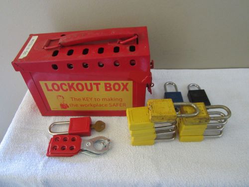 Red group lock box for lockout/tagout w/master locks and lockout hasps for sale