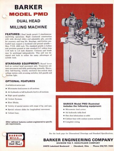 Barker Mill Model PMD Dual Head Milling Machine Catalog