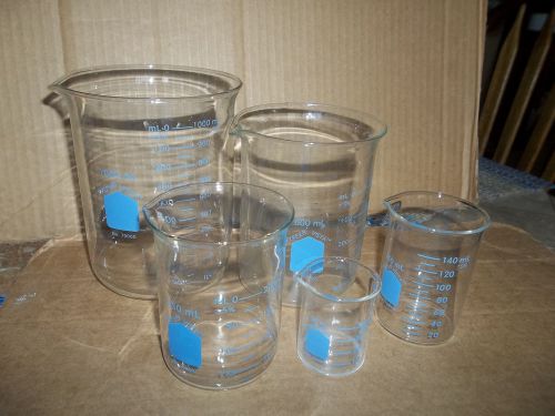 Pyrex 5 piece glass graduated griffin beaker assortment pack... for sale