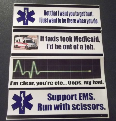 Set of 4 funny ems bumper stickers (emt paramedic humor, ambulance, ecg, ekg) for sale