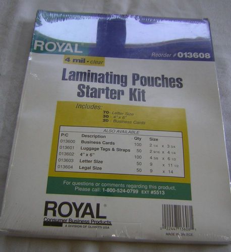 ROYAL 013608 LAMINATING POUCHES STARTER KIT NEW. Includes 70 letter size, 30 4x6