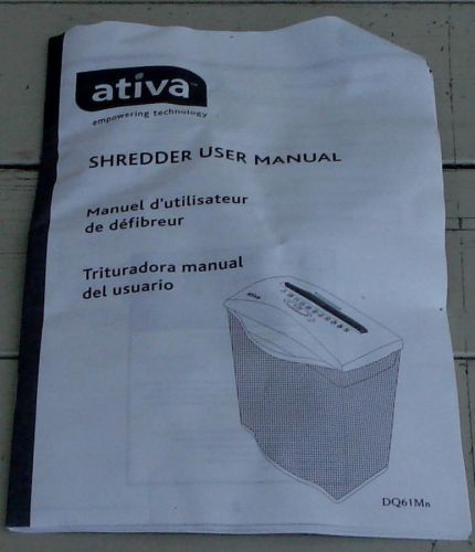 Gently Used Ativa Shredder Model DQ61Mn Instruction Manual VERY GOOD COND