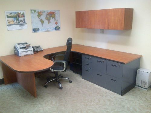 Executive Wrap-Around Desk w/ Steel Filing Drawers and Wooden Overhead Cabinet