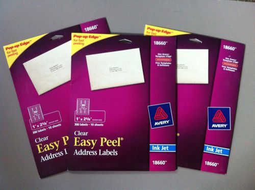3 packs of avery clear easy peel address labels 18660 1x2 5/8&#034; 30 sheets ink jet for sale