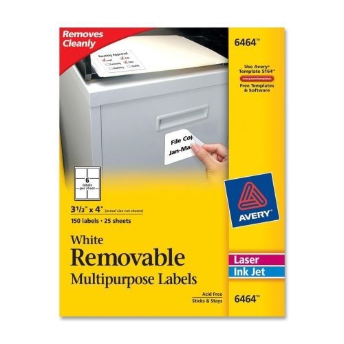 Avery Removable Label -3.33&#034;Wx4&#034;L - 150/Pk - Laser, Inkjet - White