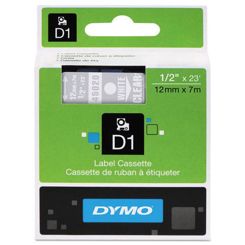 D1 standard tape cartridge for dymo label makers, 1/2in x 23ft, white on clear for sale