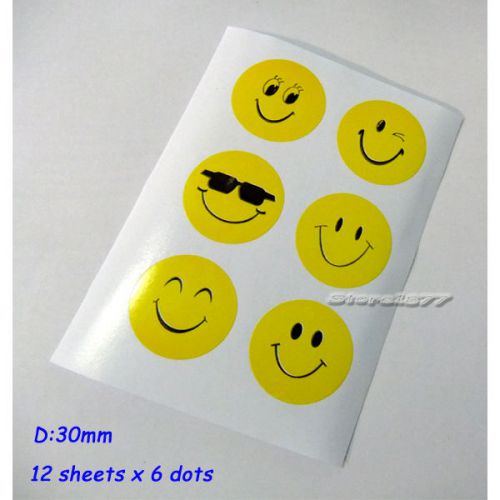 Label 30mm Yellow Black Happy Sticker Circle Smile (12 Sheets x 6 Dots) YS109