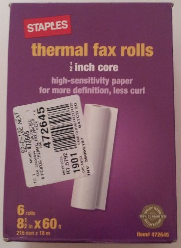 Fax Paper - 60 Foot - 6 Rolls Staples Thermal High Sensitivity, #472645 New!